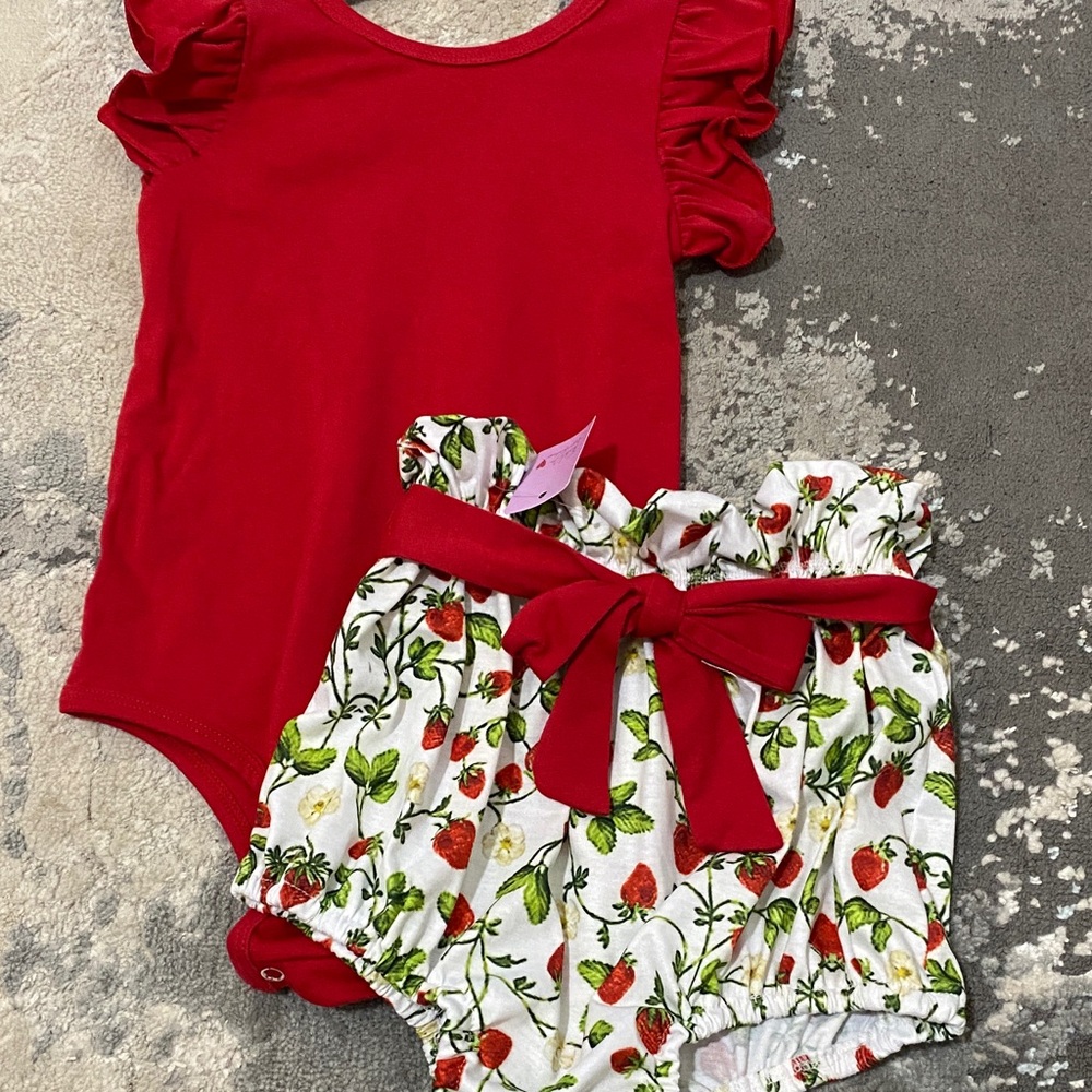 Charming Red Ruffle Bodysuit with Floral Bloomers